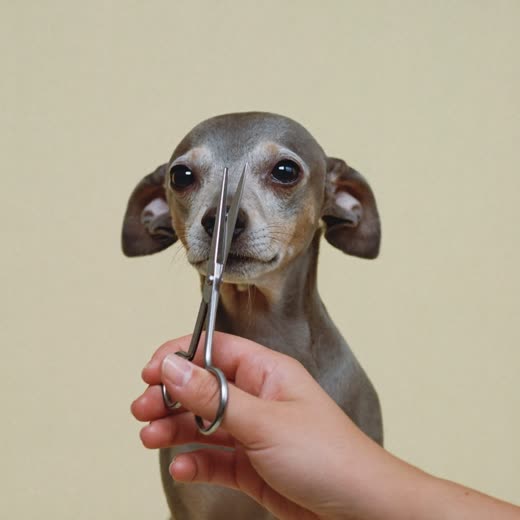 A small dog having its face tidied with scissors